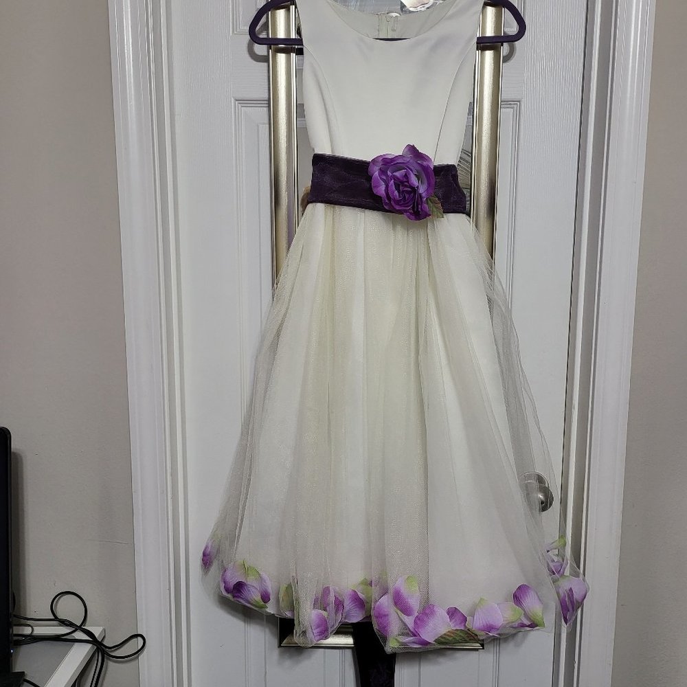 Beautiful Cinderella Couture Poly Dress in white with purple rose petals & sash
